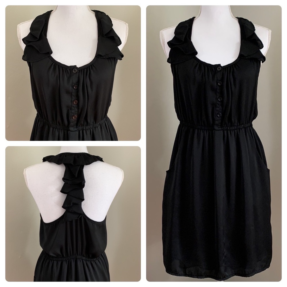 Little Black Dress with Ruffle Neckline, Racerback, & Pockets